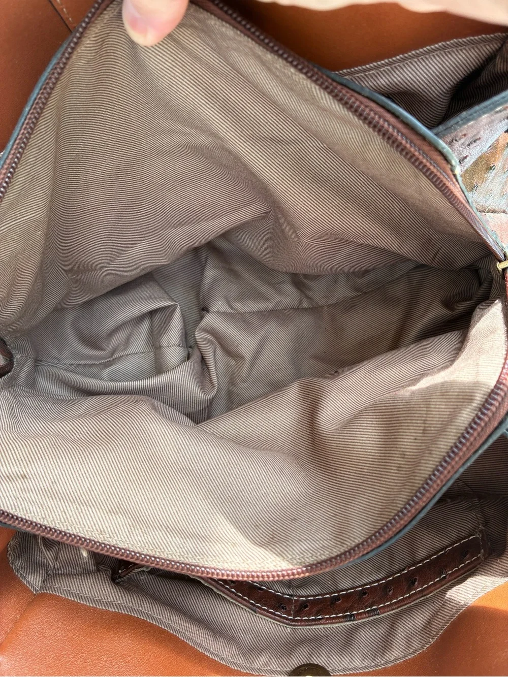 Brown Ostrich-Texture Satchel with Gold Lock Detail